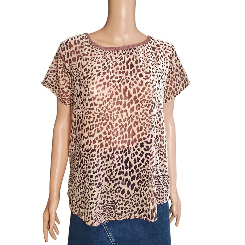Kori America Size S Beige Velvet Burnout Leopard Print Top Semi Sheer Oversized
